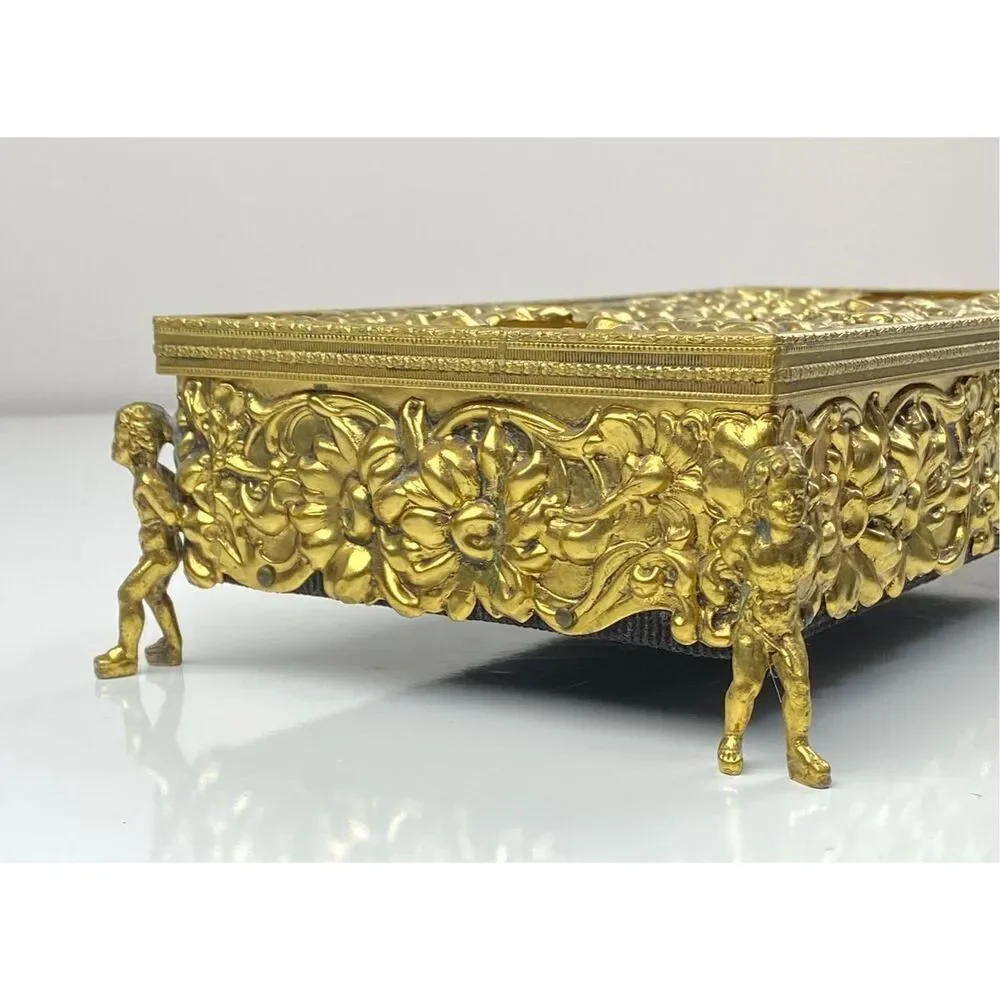 Vtg Cherub Angel Footed Tissue Box Vanity Patina Ormolu Flowers Baroque Rococo E